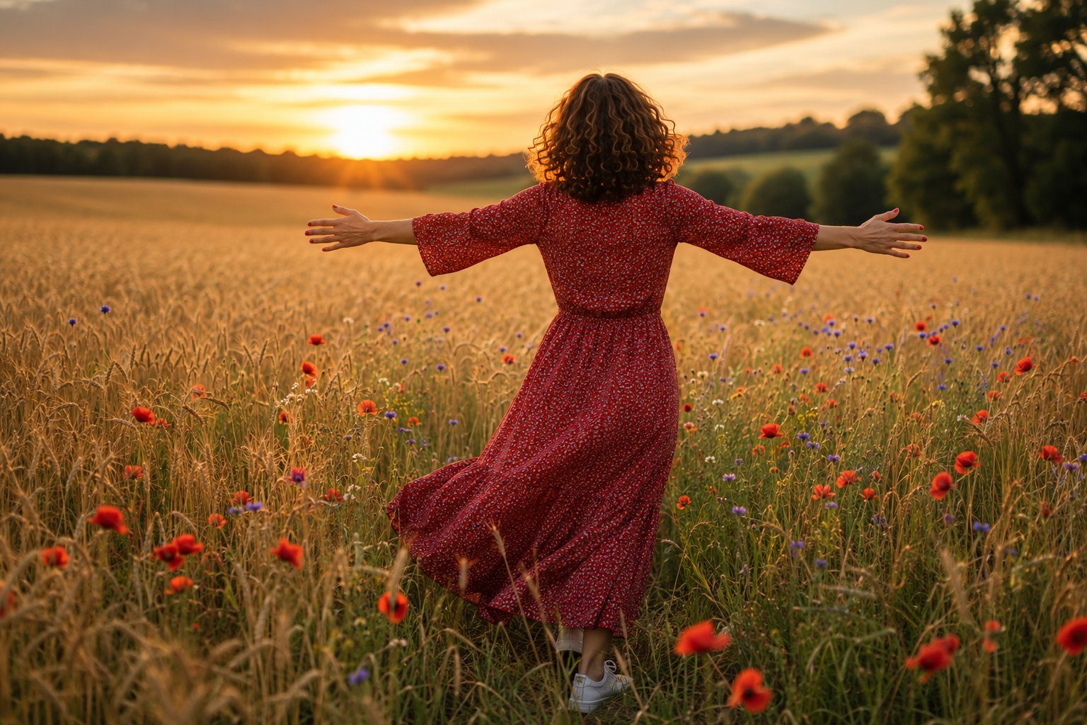 Frau mit weit geöffneten Armen in einem sommerlichen Feld bei Sonnenuntergang — Freude und Aufatmen