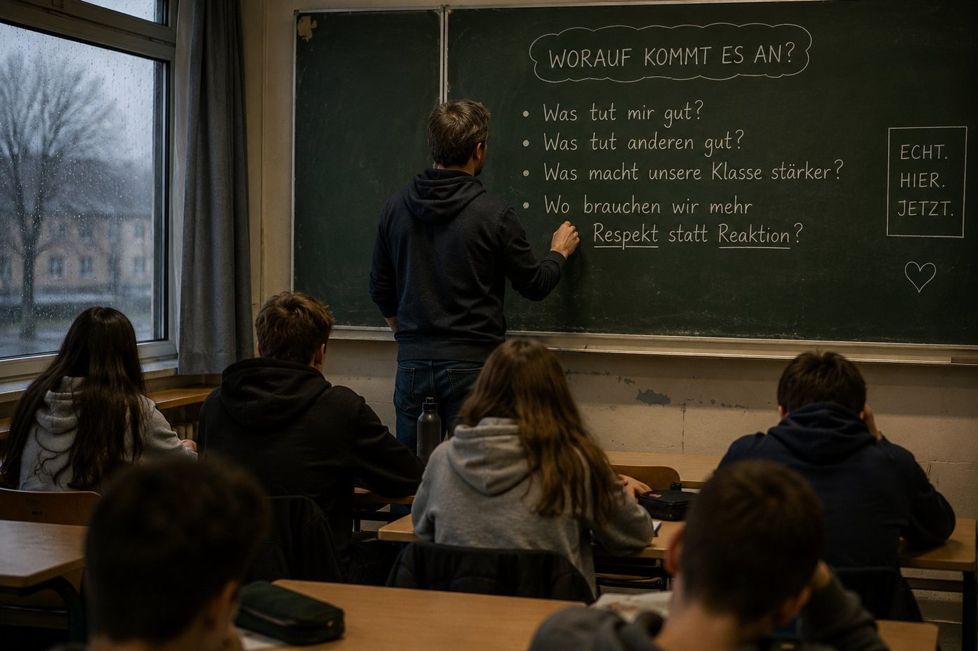 Lehrer an der Tafel vor einer neunten Klasse — Fragen zu echtem Miteinander