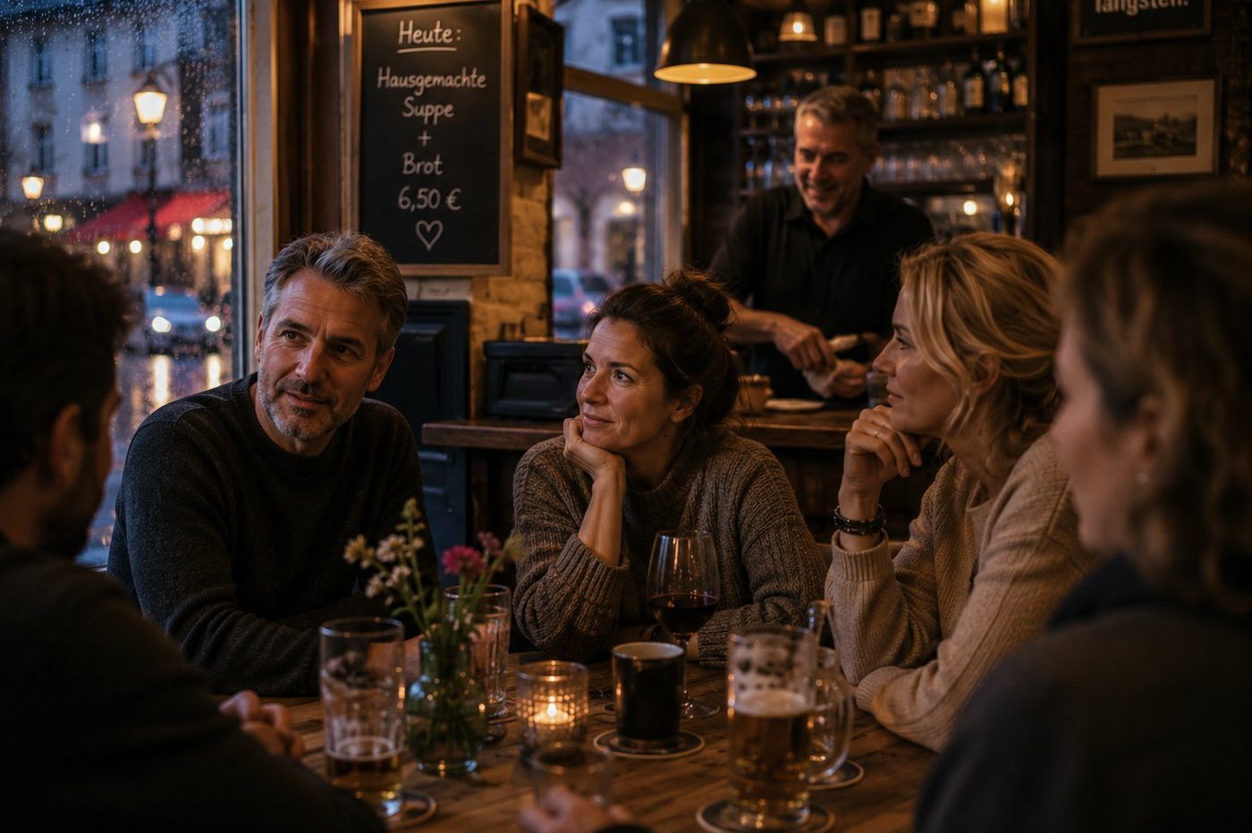 Menschen im Gespräch an einem Tisch in einer kleinen Kneipe
